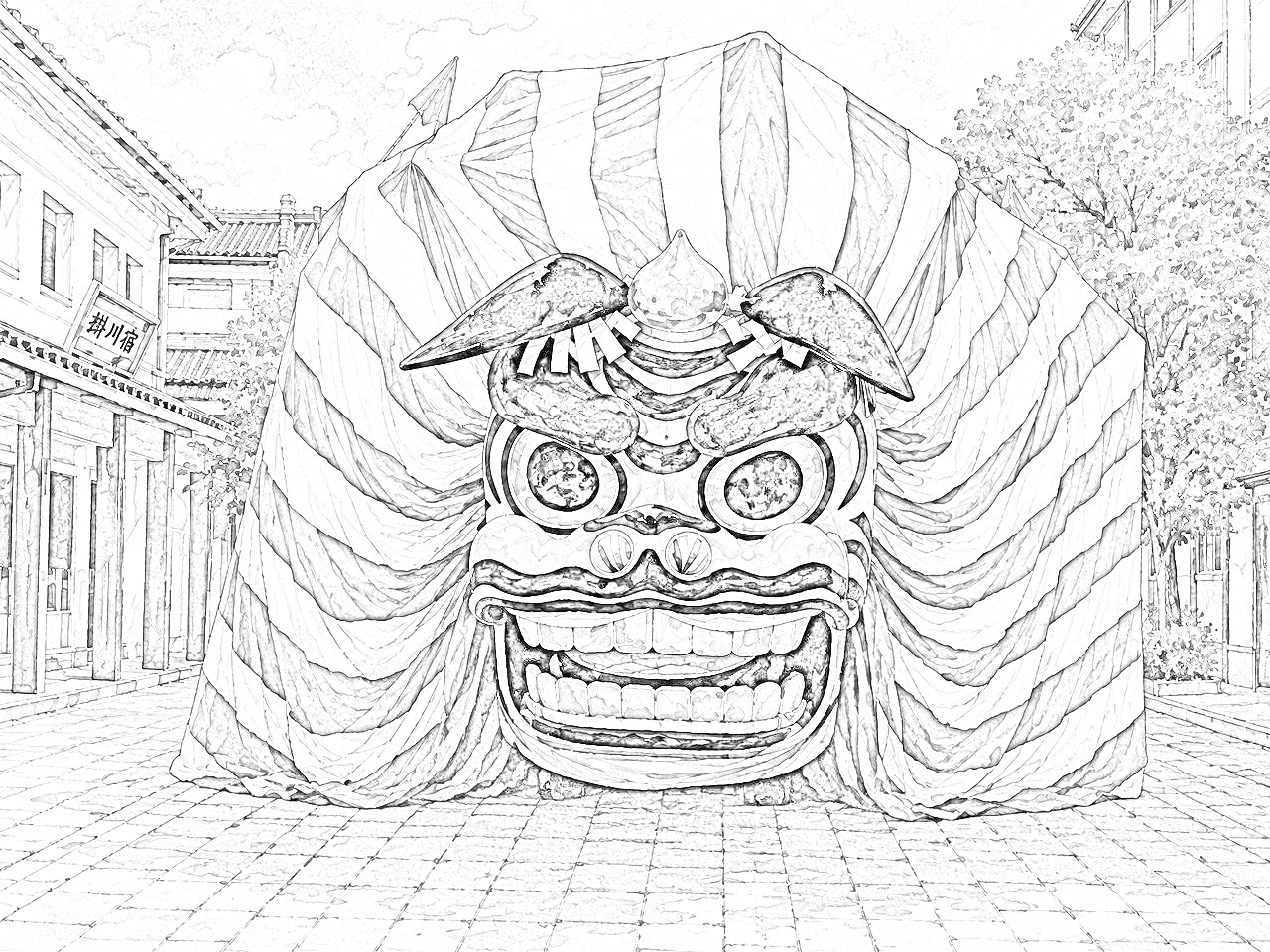 掛川大祭で曳き廻される日本一の大獅子(スケッチ)
